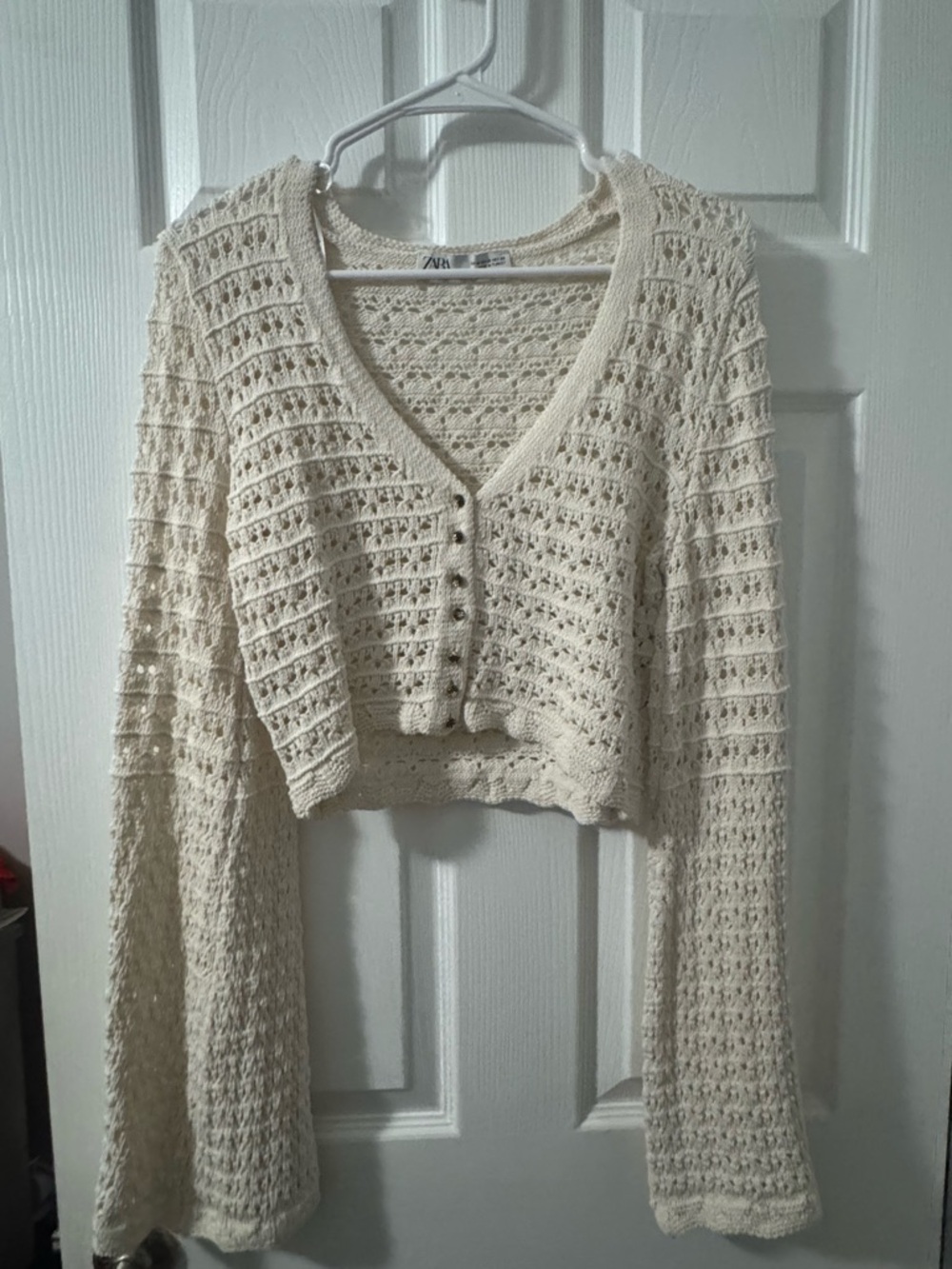 Zara Cream Crochet Crop Button-Front Cardigan